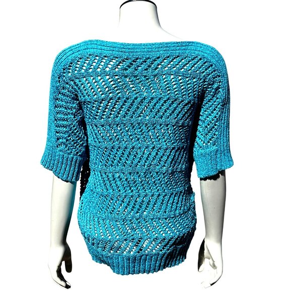 Chicos Halo Open Knit Riviera Pullover Aqua Blue Short Sleeve Sweater Top Size 0 - Picture 3 of 9